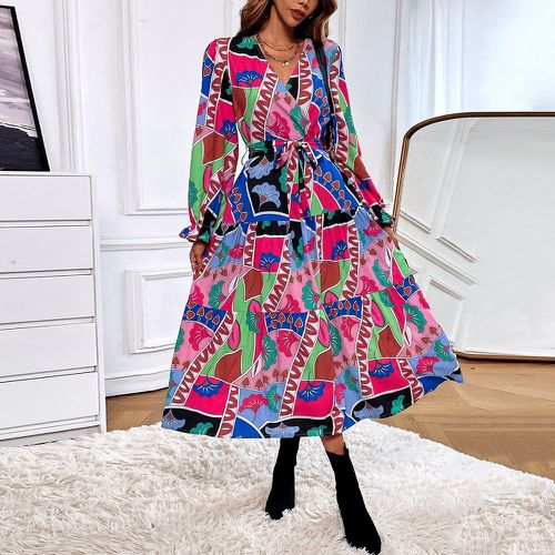 Robe ceinturée à imprimé floral et patchwork manches évasées - SHEIN - Modalova
