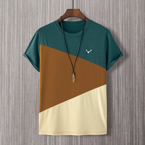 T-shirt à blocs de couleurs à broderie sans collier - SHEIN - Modalova