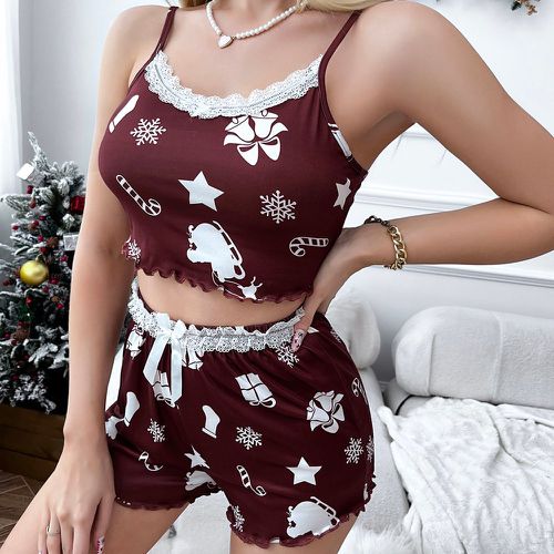 Ensemble de pyjama short & top à fines brides à imprimé Noël à ourlet en dentelle - SHEIN - Modalova