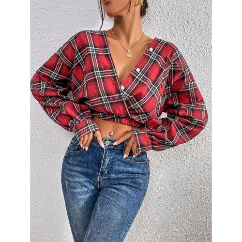 Blouse courte à imprimé tartan à manches bouffantes - SHEIN - Modalova