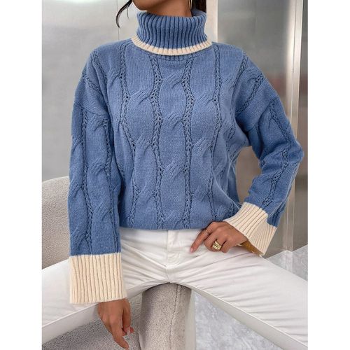 Pull à bordure contrastante à col roulé en tricot torsadé - SHEIN - Modalova