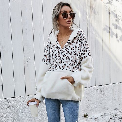 Sweat-shirt à capuche en flanelle à motif léopard avec zip - SHEIN - Modalova