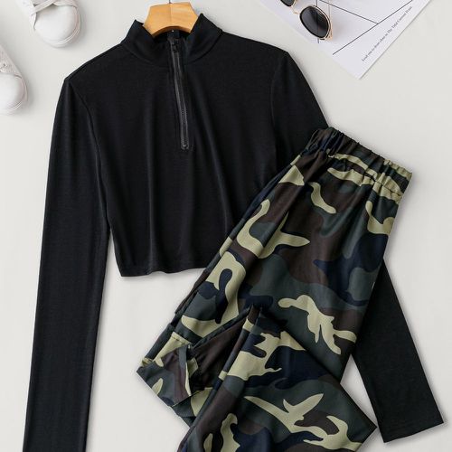 T-shirt zippé & Pantalon à imprimé camouflage - SHEIN - Modalova