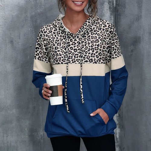 Sweat-shirt à capuche à poche kangourou léopard à blocs de couleurs - SHEIN - Modalova