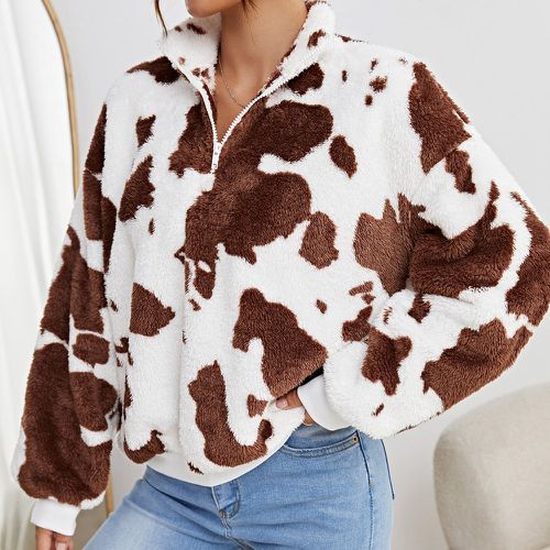 Sweat-shirt en tissu duveteux à motif de vache zippé - SHEIN - Modalova