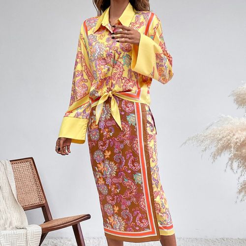 Chemise à imprimé floral à nœud & jupe portefeuille - SHEIN - Modalova