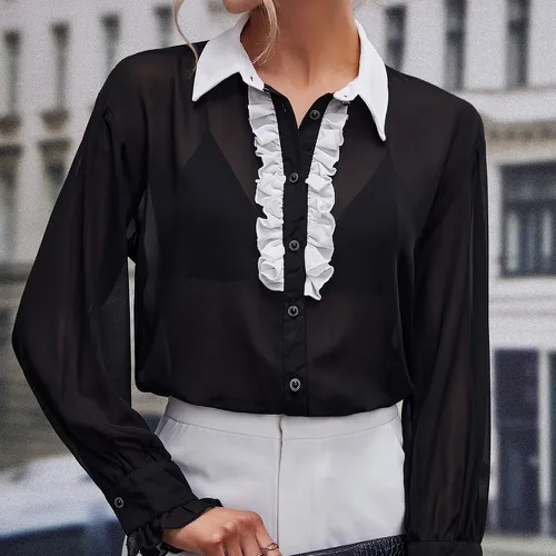 Chemise à col contrastant à plis manches évasées (sans soutien-gorge) - SHEIN - Modalova