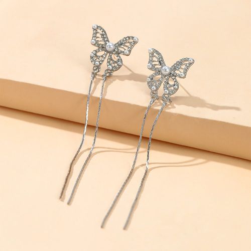 Pendants d'oreilles à strass & fausse perle à détail papillon à franges en métal - SHEIN - Modalova