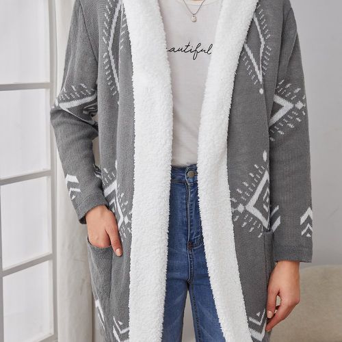 Cardigan à motif géométrique avec poches à capuche à doublure en tissu duveteux - SHEIN - Modalova