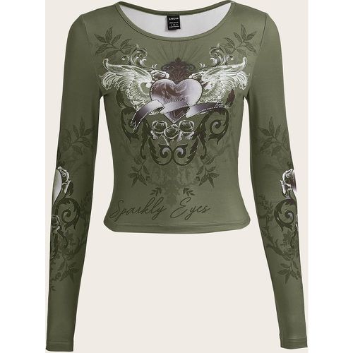 T-shirt court grunge à imprimé floral et cœur - SHEIN - Modalova