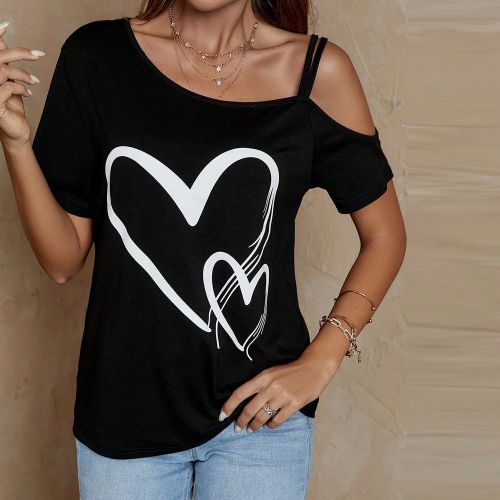 T-shirt Imprimé Cœur À Col Asymétrique - SHEIN - Modalova