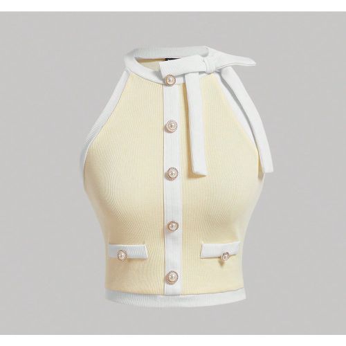 Top Sans Manches À Col Rond Avec Bouton Noir Et Blanc Et Décoration De Noeud Pour Rencontre - SHEIN - Modalova