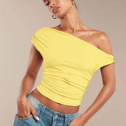 Haut d été asymétrique plissé de couleur unie - SHEIN - Modalova