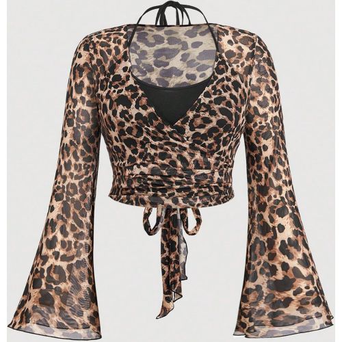 Top à manches évasées avec croisement en maille à imprimé léopard grande taille, Top léopard, Chemise léopard, Costume léopard, Chemise à ma - SHEIN - Modalova