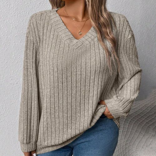 Sweat-shirt côtelé ample à col en V pour grande taille, adapté pour le port décontracté en extérieur, pour l'automne/l'hiver - SHEIN - Modalova