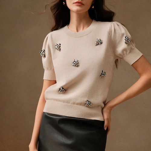 S Blouse Pull Tricoté à Manches Bouffantes Perlées, Jour de la Saint-Valentin, Vacances, Nouvel An - SHEIN - Modalova
