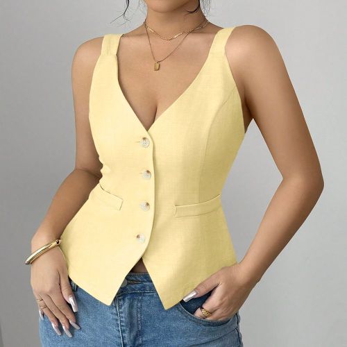Top de damier élégant à col en V et boutonnage simple, avec une taille sanglée, de couleur unie, style minimaliste - SHEIN - Modalova