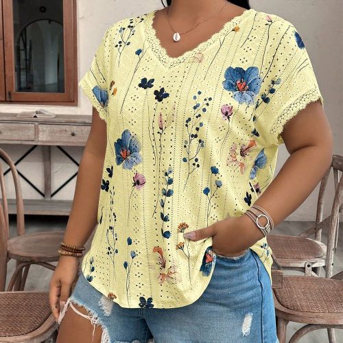 T-shirt à manches chauve-souriss grandes tailles avec imprimé floral et dentelle contrastée, été - SHEIN - Modalova