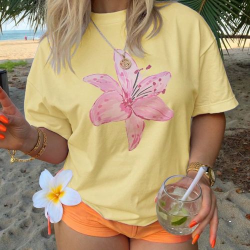 T-shirt à col ras du cou manches courtes décontracté streetwear imprimé floral rose taille grande Y2K, Top jaune - SHEIN - Modalova