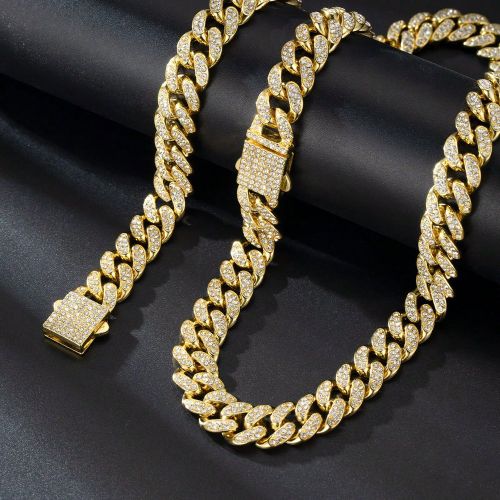 Pièces Chaîne avec fermoir à ressort doré de 13 mm de style hip hop avec strass, ensemble de collier et bracelet, convient pour un usage quotidien - SHEIN - Modalova
