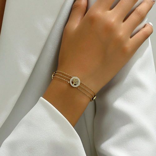 Bracelet A Européen Et Américain Style Arbre De La Vie Blanc Émail À Strass Trois Couches Porter Luxe Léger De La Mode En Acier Inoxydable Adaptà - SHEIN - Modalova