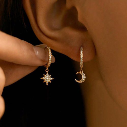 Paire De Boucles D'oreilles Pendentifs Asymétriques Étoiles Et Lune Artificielles Élégantes & Mignonnes En 925, Adaptées Au Port Quotidien Des s - SHEIN - Modalova