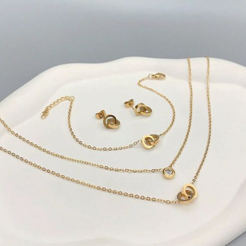 Pièces Ensemble collier, bracelet, boucles d'oreilles en acier inoxydable plaqué or 18 carats, double boucle, double couche. Parfait pour un anniver - SHEIN - Modalova