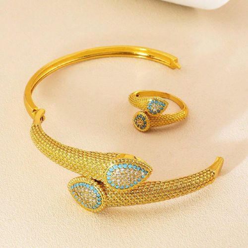Pièces/Ensemble Ensemble de bijoux ouvert en or avec décoration de feuille en cubic zirconia cubique, bague et bracelet à design goutte simple et d - SHEIN - Modalova