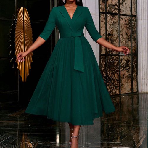 Robe de cocktail élégante avec encolure portefeuille et ceinture, robe mi-longue, robe de fête, robe d'invitée de mariage, robe de soirée, robe d - SHEIN - Modalova