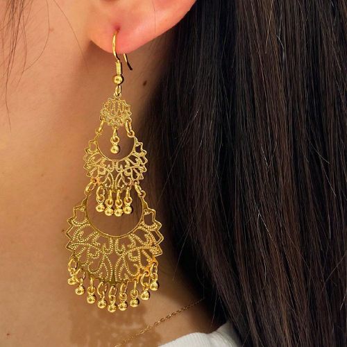 Paire De Boucles D'oreilles Longues À Pampilles Creuses En Or À La Mode Avec Plusieurs Couches De Petites Boules Décorées De Boucles D'oreilles Bo - SHEIN - Modalova