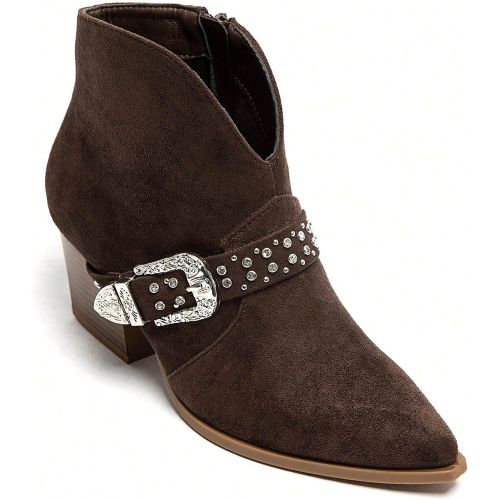 Bottines à talons carrés beiges avec boucle métallique et clous - Élégance western et confort garanti - SHEIN - Modalova