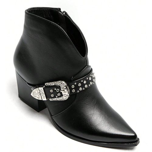 Bottines à talons carréss avec boucle métallique et clous - Élégance western et confort garanti - SHEIN - Modalova
