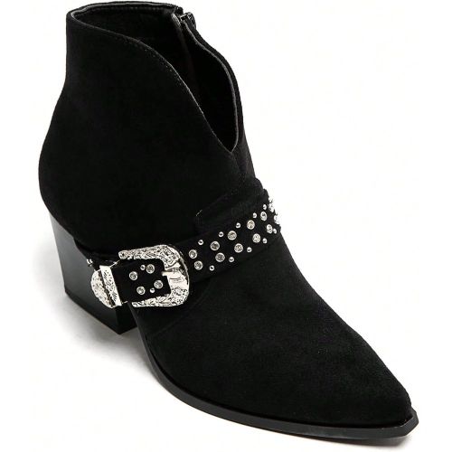 Bottines à talons carrés s avec boucle métallique et clous - Élégance western et confort garanti - SHEIN - Modalova