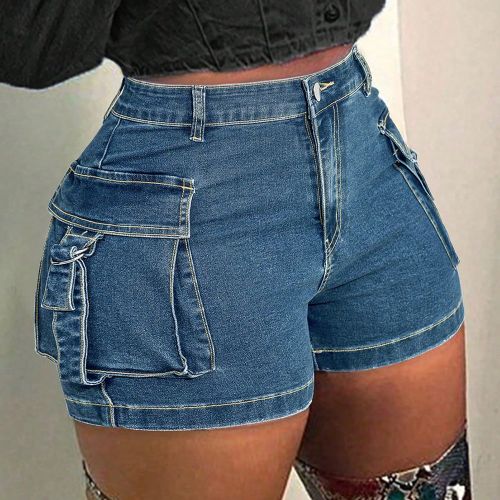 Short en jean utilitaire skinny mini cargo, taille haute extensible, avec rabat et poches, style Y2K de rue - SHEIN - Modalova