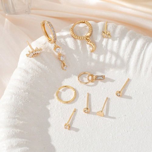 Pièces Ensemble de boucles d'oreilles en zircone cubique avec décoration en forme de cœur et de lune, clips et clous d'oreille pour piercing multip - SHEIN - Modalova
