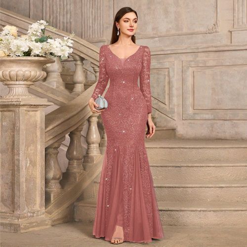 Robe de soirée longue sirène à manche longue en maille avec décolleté en V profond, ourlet en dentelle florale pailletée. Robe pour invité de m - SHEIN - Modalova