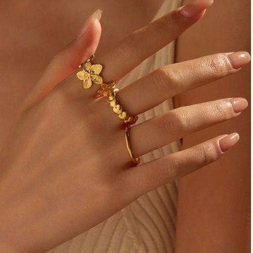 Pièces Ensemble de bagues en acier inoxydable doré en forme de cœur et de fleurs, convient pour la décoration quotidienne ou en cadeau - SHEIN - Modalova