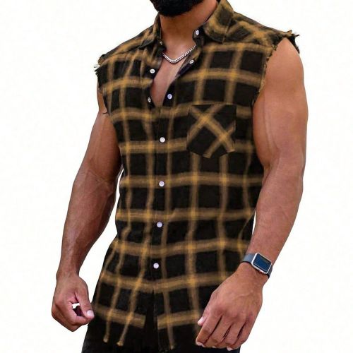 Chemise sans manches à boutons frontaux et poches, motif à carreaux - SHEIN - Modalova