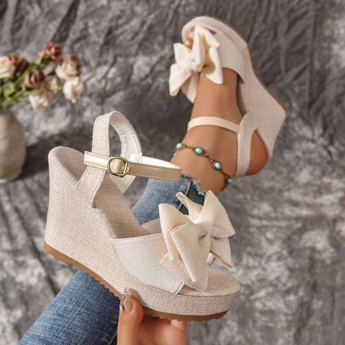 Sandales à semelle en corde avec décor nœuds, sandales à talon compensé rose style vacances, été - SHEIN - Modalova