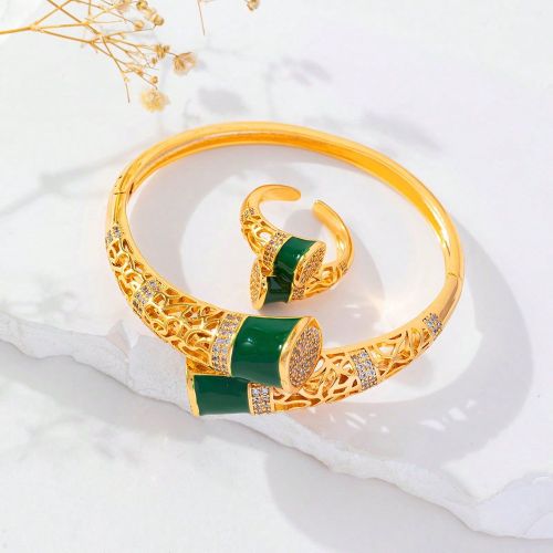 Pièces/Ensemble Bracelet en Zirconium Cubique à la Mode, Ensemble de Gouttes Vertes Décoré de Bracelets et Bagues en Cuivre Doré Pouvant Être Ou - SHEIN - Modalova