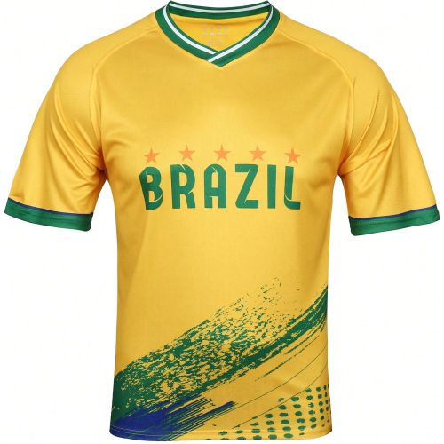 Pièce Maillot de football brésilien jaune, Top col en V Copa America 2025, Respirant et confortable à manches courtes, Impression numérique classi - SHEIN - Modalova
