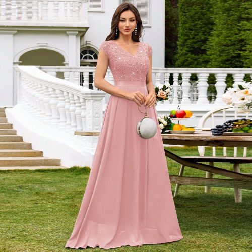 Robe de soirée longue plissée avec encolure en V, manches cape en dentelle pailletée en mousseline de soie. Robe de soirée élégantes, robe de ba - SHEIN - Modalova