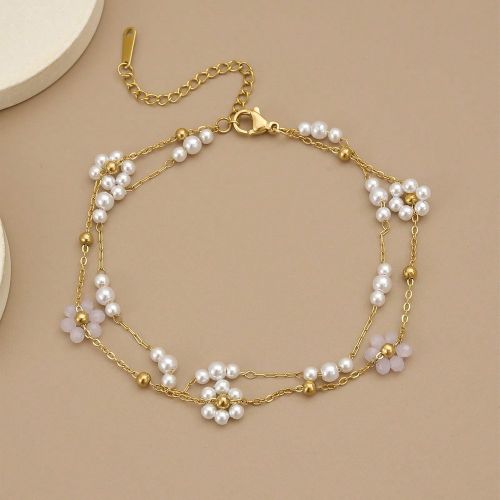 Pièce Bracelet de cheville / bracelet en acier inoxydable à double couche avec perles colorées, fleurs en faux perles (la quantité de fleurs en pe - SHEIN - Modalova