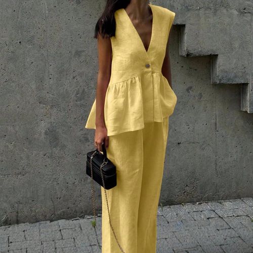 Pièces Ensemble décontracté en lin pour le printemps/l'été, les vacances, les rendez-vous, les concerts, les croisières - Design simple - SHEIN - Modalova