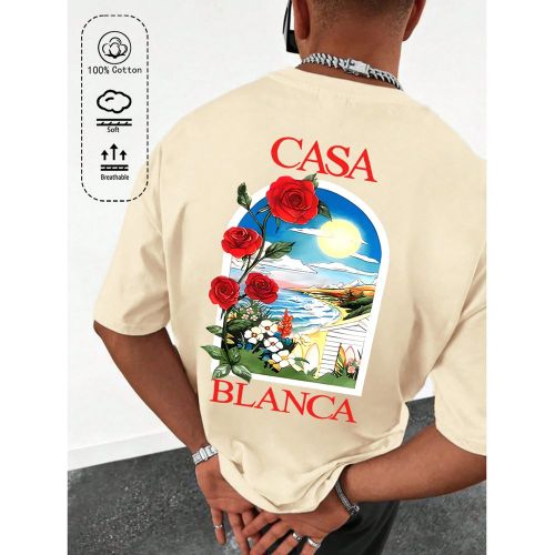 T-shirt en coton côtelé, imprimé côte rose romantique, vêtements de sports de style universitaire printemps et été, hauts à manches courtes s - SHEIN - Modalova