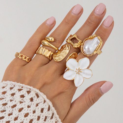Pièces/set Ensemble de bagues vintage en métal blanc avec décoration florale et de pierres précieuses. Bagues de style baroque élégant avec perl - SHEIN - Modalova