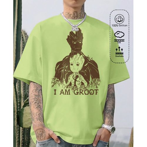 T-shirt en coton côtelé, imprimé Groot, vêtements de sports de style universitaire printemps et été, hauts à manches courtes jaunes et verts do - SHEIN - Modalova