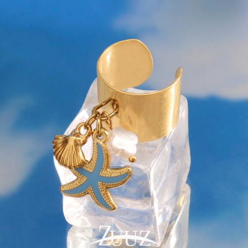 Pièce Bague charme en acier inoxydable avec design océanique, coquillage bleu et étoile de mer. Bague ouverte large, bijou cadeau convenant pour le - SHEIN - Modalova
