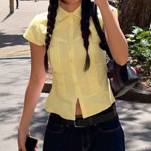 Blouses à manches courtes décontractées et douces, col à revers, fronces, boutons. Chemises mignonnes pour filles. Hauts courts ajustés, tout-ass - SHEIN - Modalova