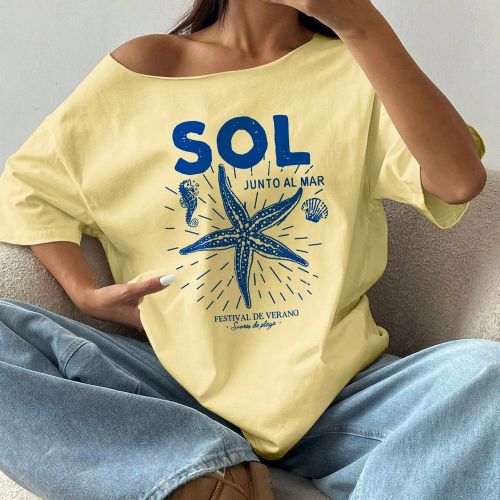 Ample T-shirt ample à col asymétrique avec imprimé de créature marine Y2K, t-shirt court à manches courtes d'été jaune grande taille - SHEIN - Modalova